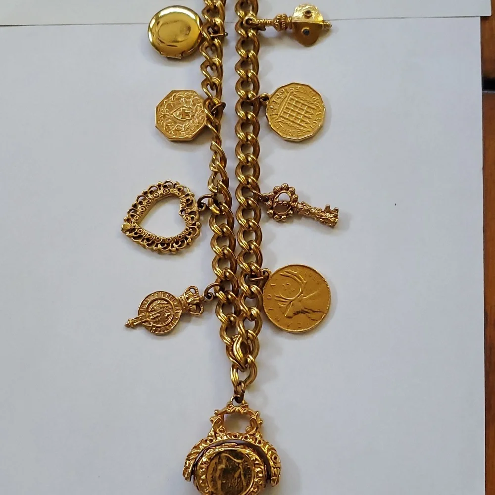 Goldtone Roman Coins & Charms Necklace 16" - Picture 8 of 9